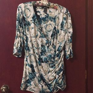 Style& co. L. Faux wrap teal rose top. EUC.